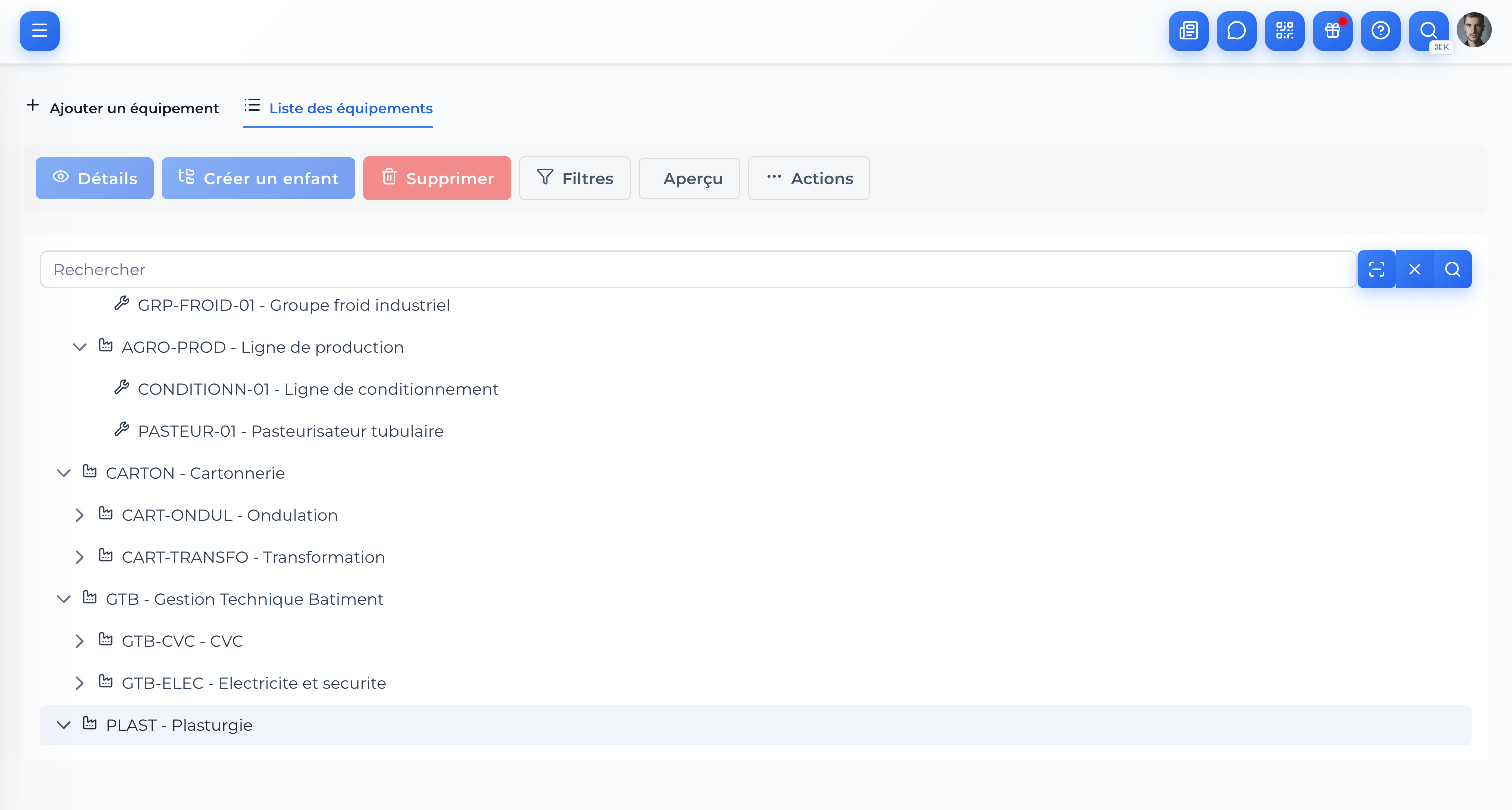 Arborescence equipements OPTIMa - 4 secteurs industriels structures