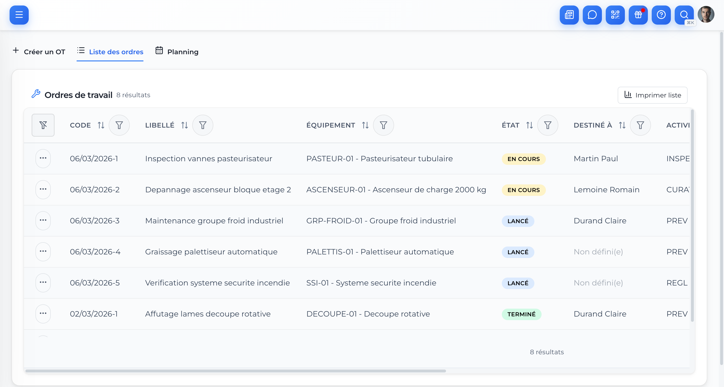 Liste des ordres de travail OPTIMa - suivi en temps reel des interventions