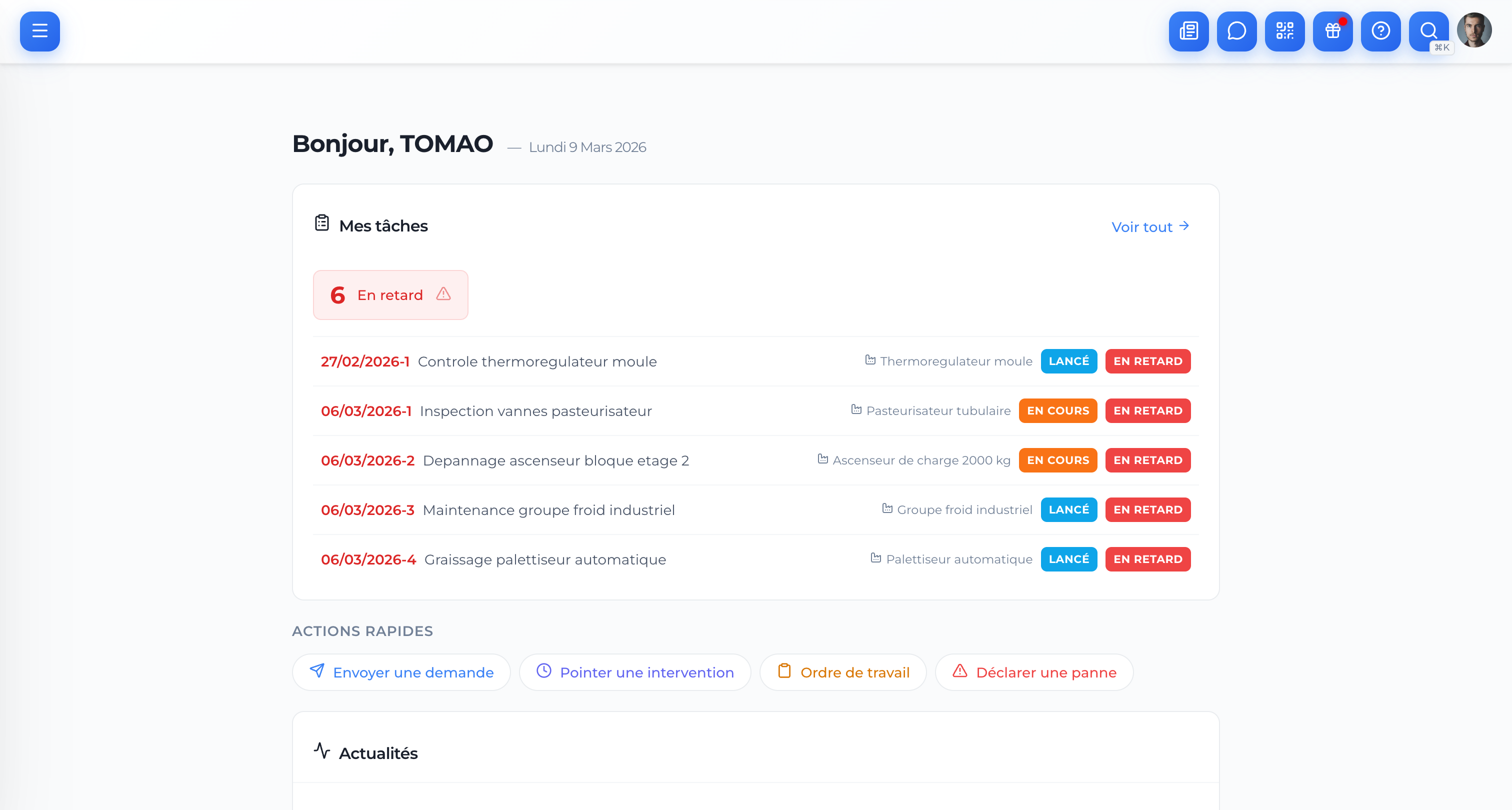 Tableau de bord OPTIMa GMAO - taches, actions rapides et fil d'activite
